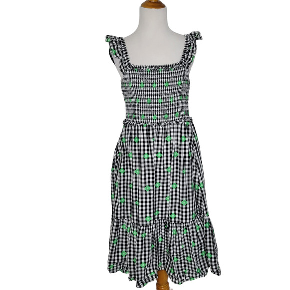 Kate Spade Gingham Voile Smocked Dress Ruffle Embroidered Women Summer Small - Picture 2 of 13